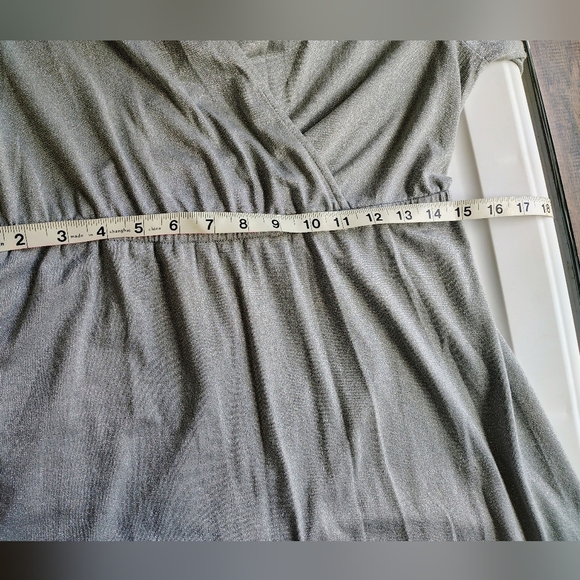 NWOT Mikarose silver glitter maxi dress elegant faux wrap bell sleeve sz M,L. - Picture 11 of 16
